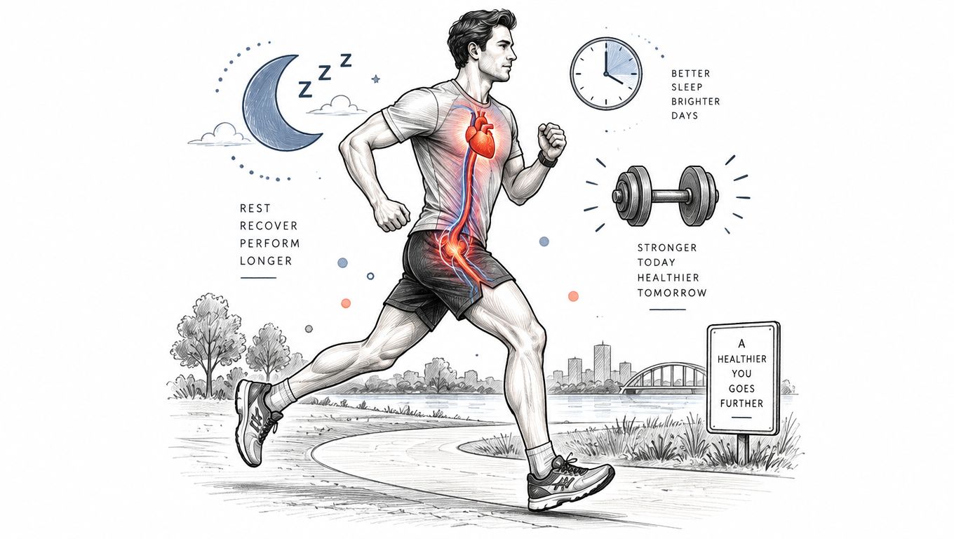 A fit man running outdoors, emphasizing cardiovascular health, sleep, recovery, exercise, and long-term wellness.