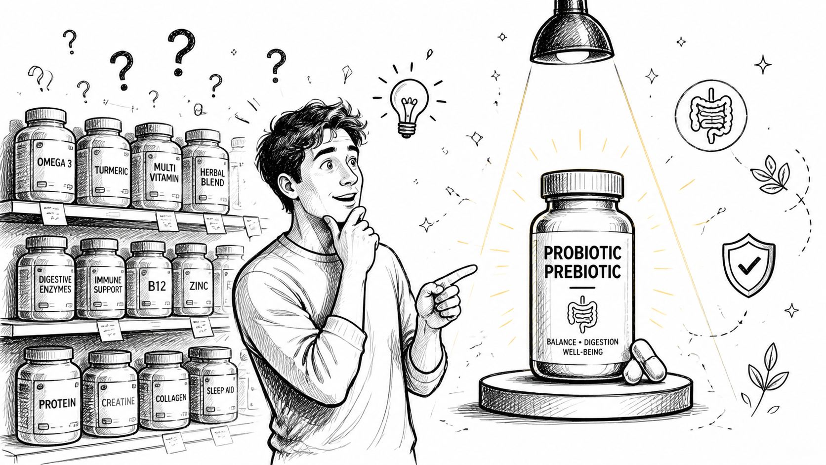 A sketched illustration of a man choosing between many supplements and a highlighted probiotic prebiotic bottle.