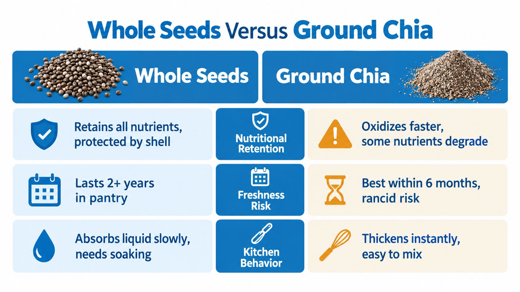 A comparison chart showing the differences between whole chia seeds and ground chia seeds regarding nutrition, freshness, and usage.