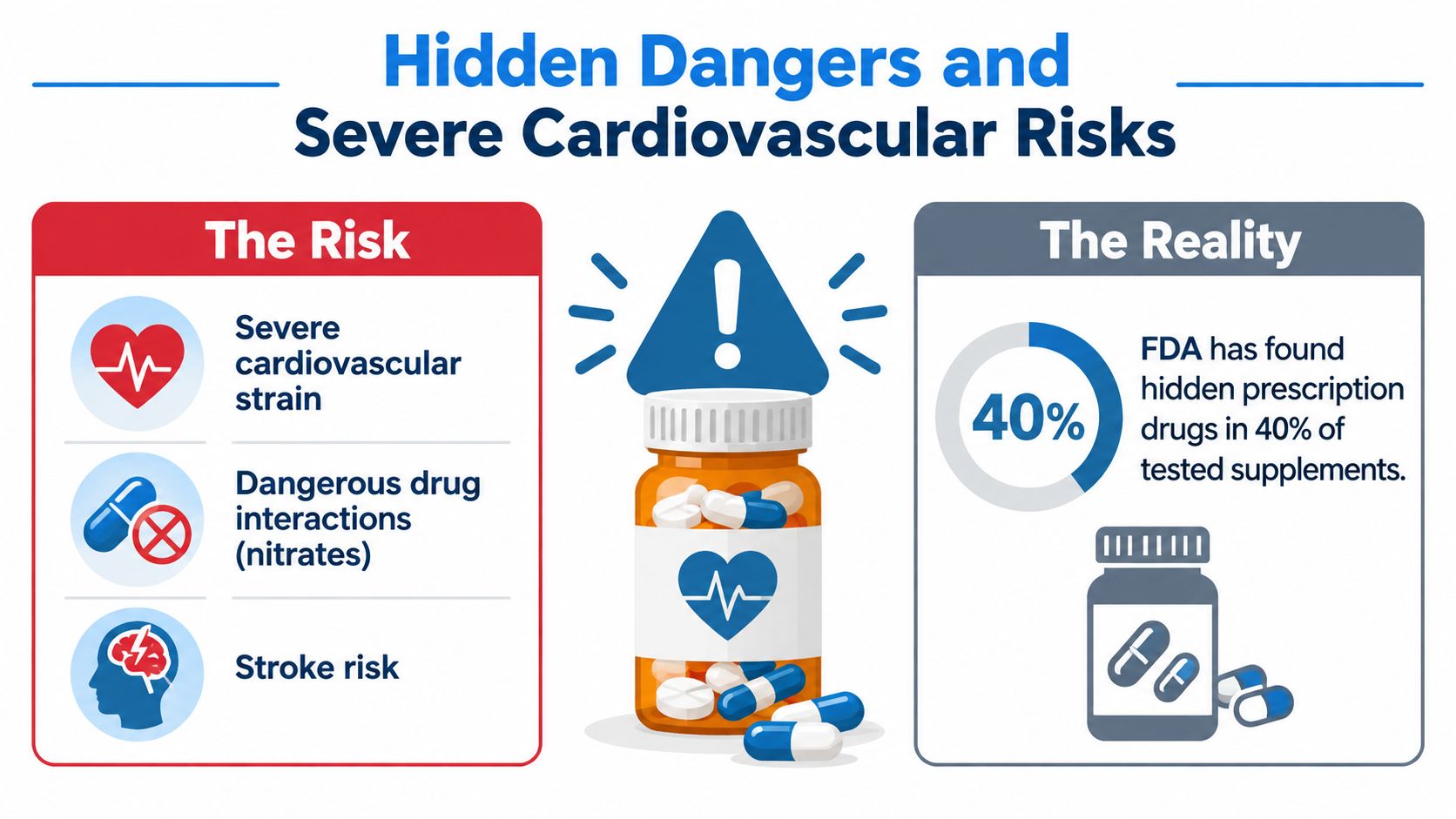 An infographic showing cardiovascular risks and FDA findings regarding hidden prescription drugs in dietary supplements.