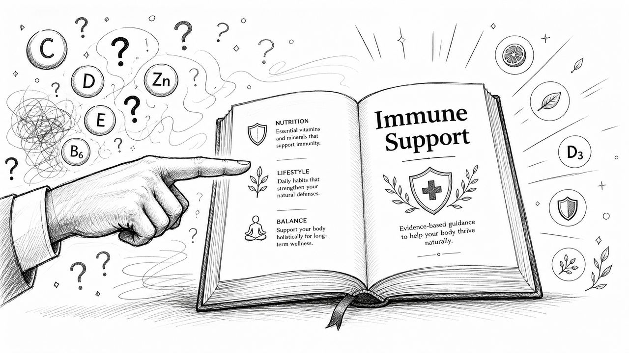 A hand pointing to a book titled Immune Support featuring sections on nutrition, lifestyle, and wellness balance.