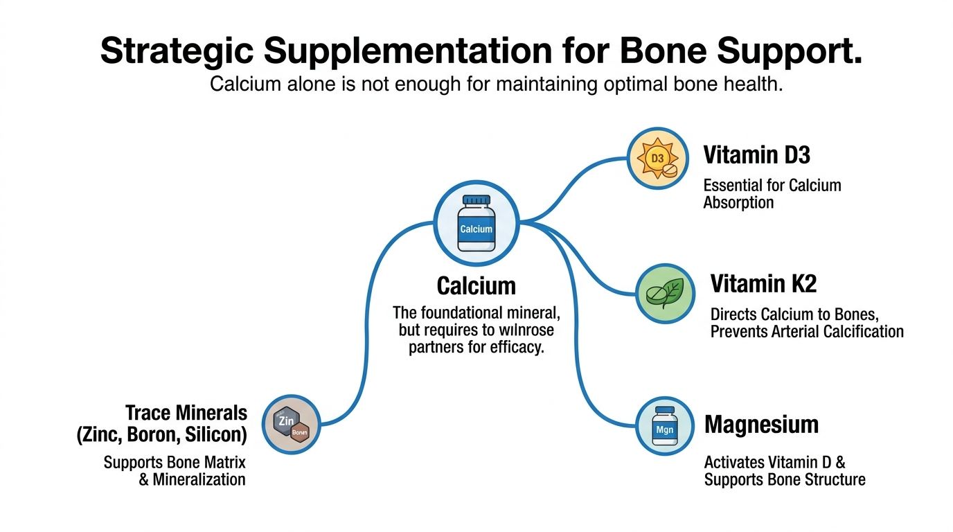 A diagram illustrating essential supplements to take alongside calcium for maintaining optimal bone health and strength.