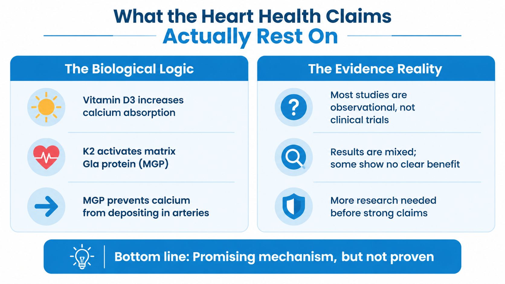 An infographic titled What the Heart Health Claims Actually Rest On, comparing biological mechanisms and evidence.
