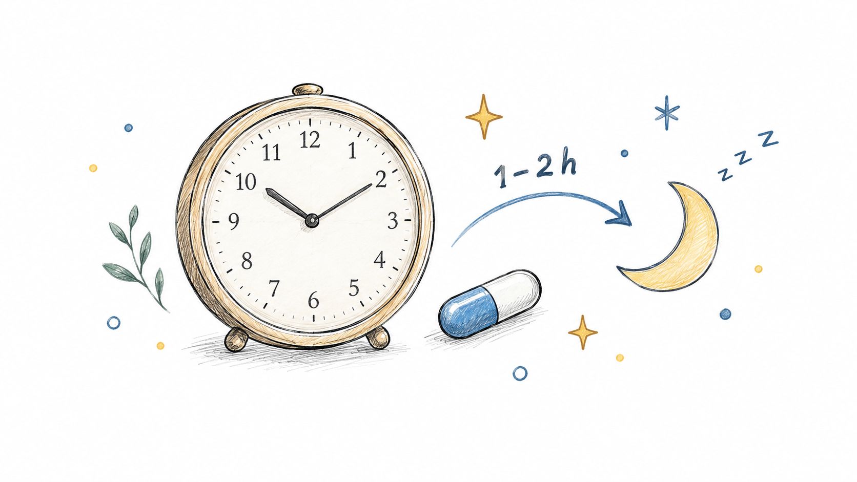 A hand-drawn illustration showing a clock, a medical capsule, and a moon icon representing a sleep supplement.