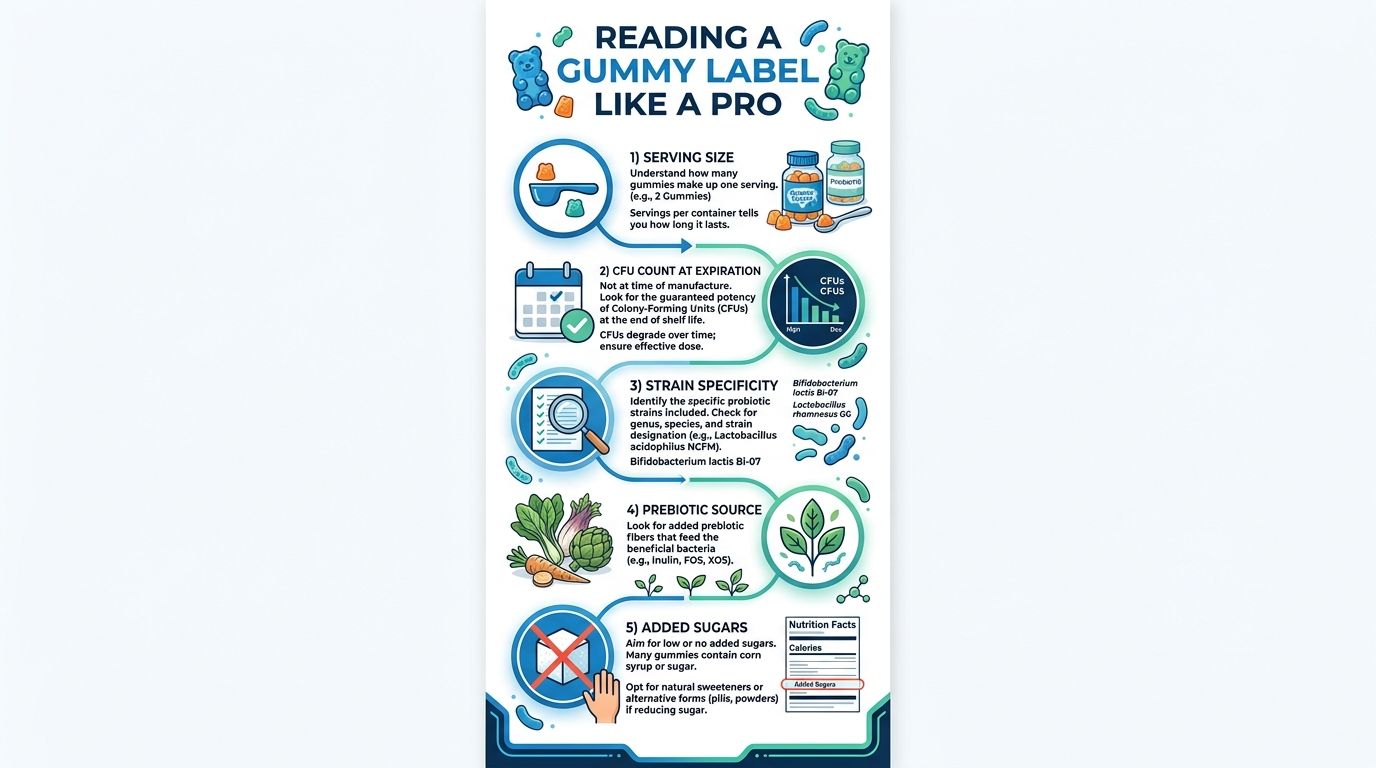 An infographic titled Reading A Gummy Label Like A Pro explaining five key steps to evaluating supplements.