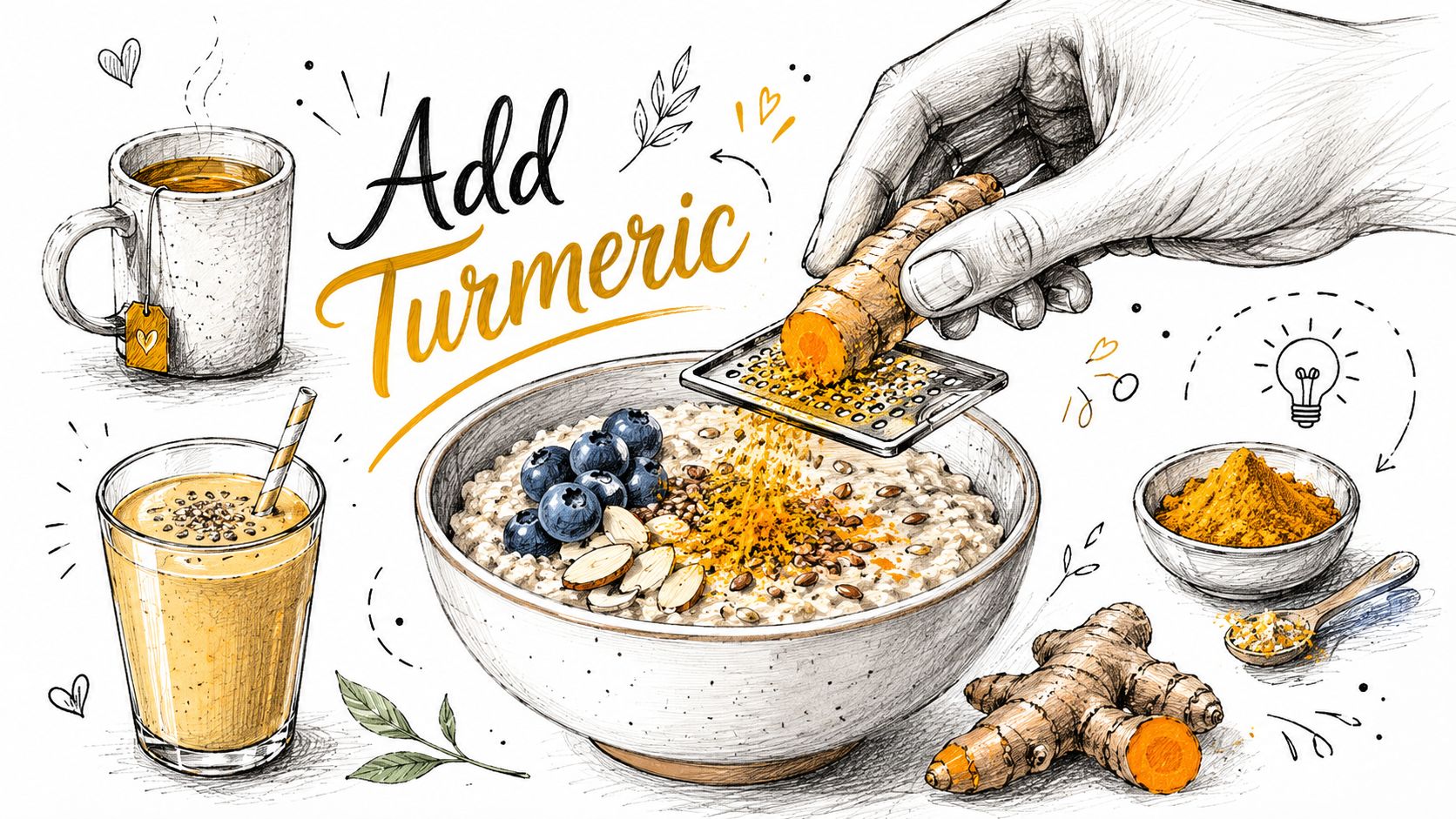 A hand grates fresh turmeric root over a bowl of oatmeal topped with fresh blueberries.
