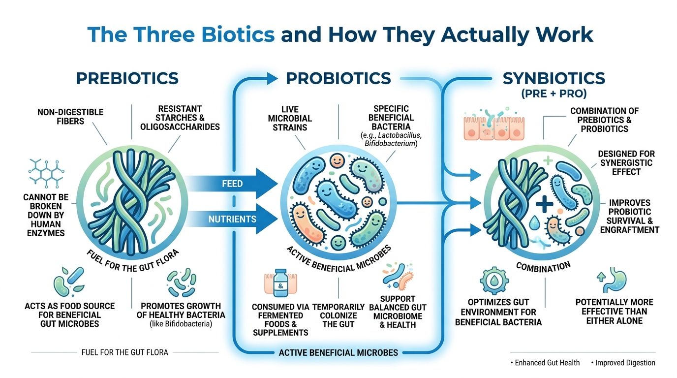 A diagram illustrating the definitions and functions of prebiotics, probiotics, and synbiotics for gut health.