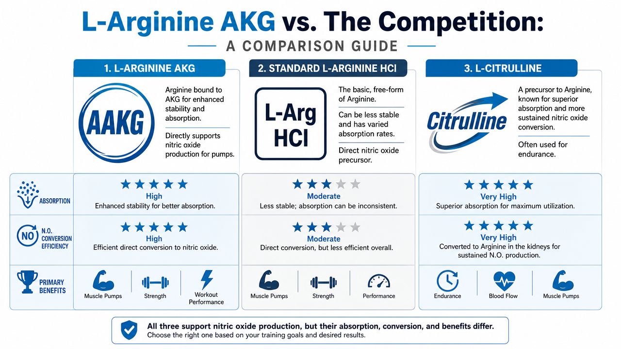 A comparison chart showing benefits, absorption, and efficiency of L-Arginine AKG, L-Arginine HCI, and L-Citrulline supplements.
