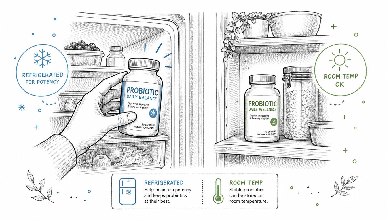 A hand placing a bottle of refrigerated probiotics in the fridge next to room temperature probiotics on a shelf.