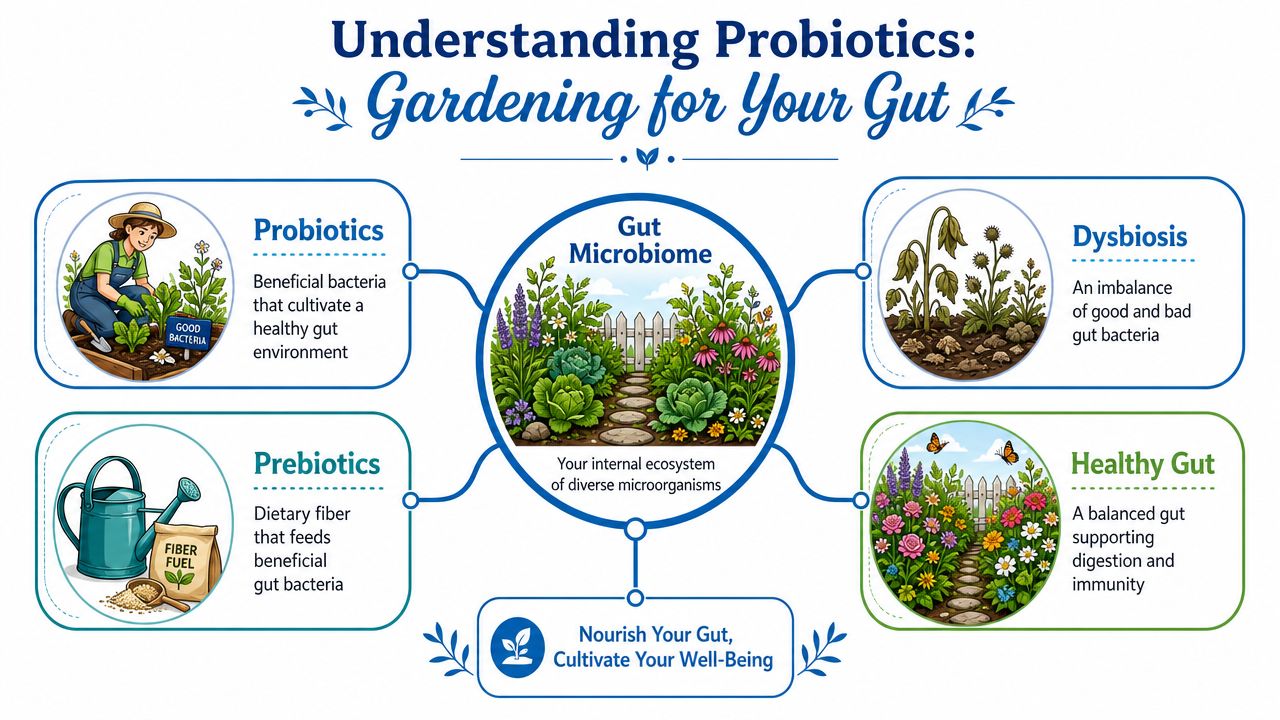 A visual infographic explaining probiotics, prebiotics, dysbiosis, and a healthy gut as a garden metaphor.