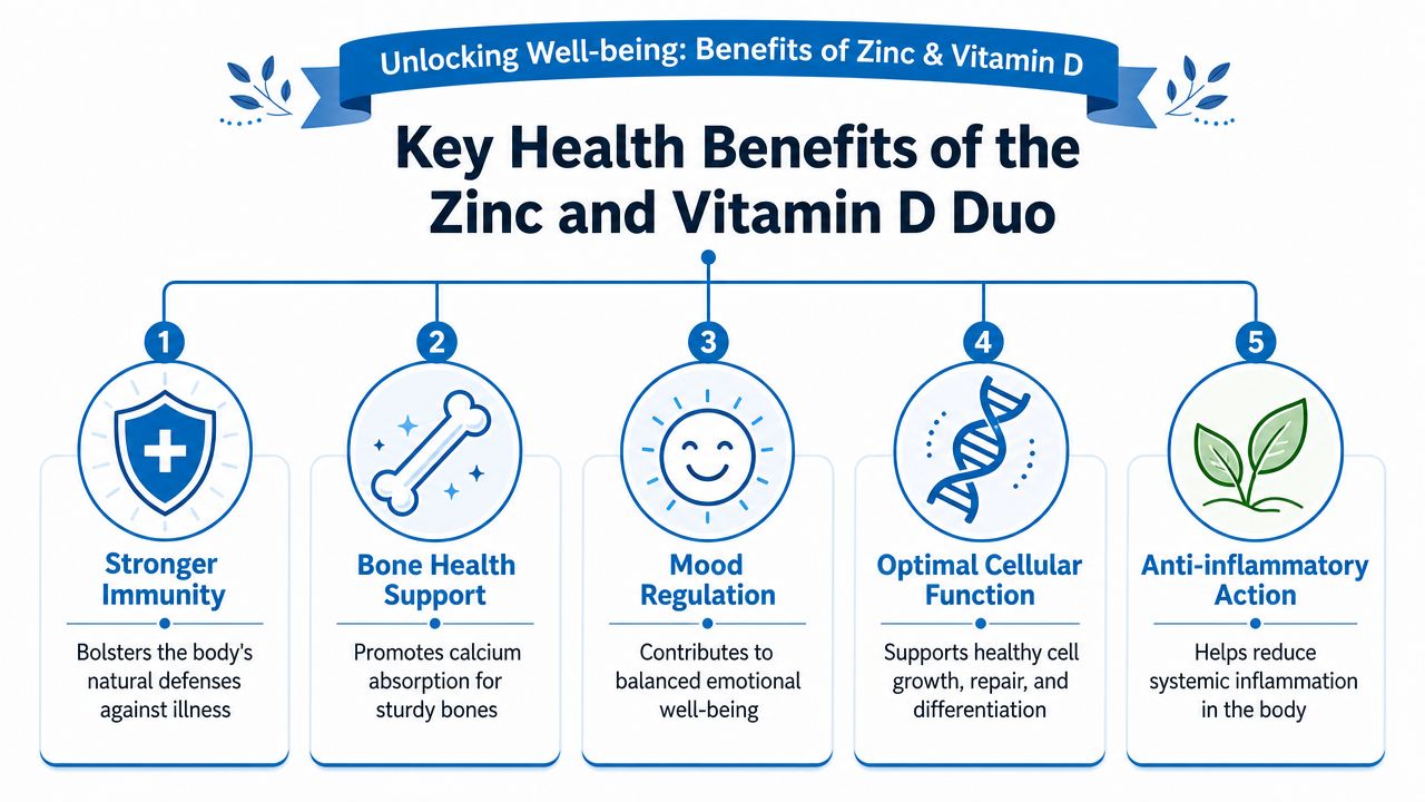 An infographic illustrating five key health benefits of the zinc and vitamin D duo for well-being.