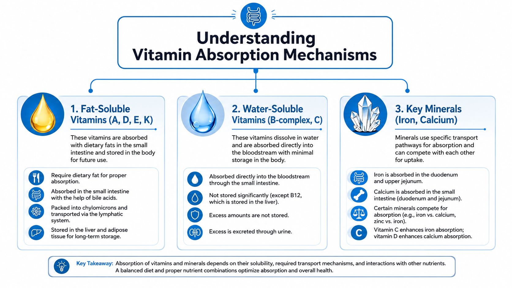 An educational infographic explaining the absorption mechanisms of fat-soluble vitamins, water-soluble vitamins, and essential minerals in the body.