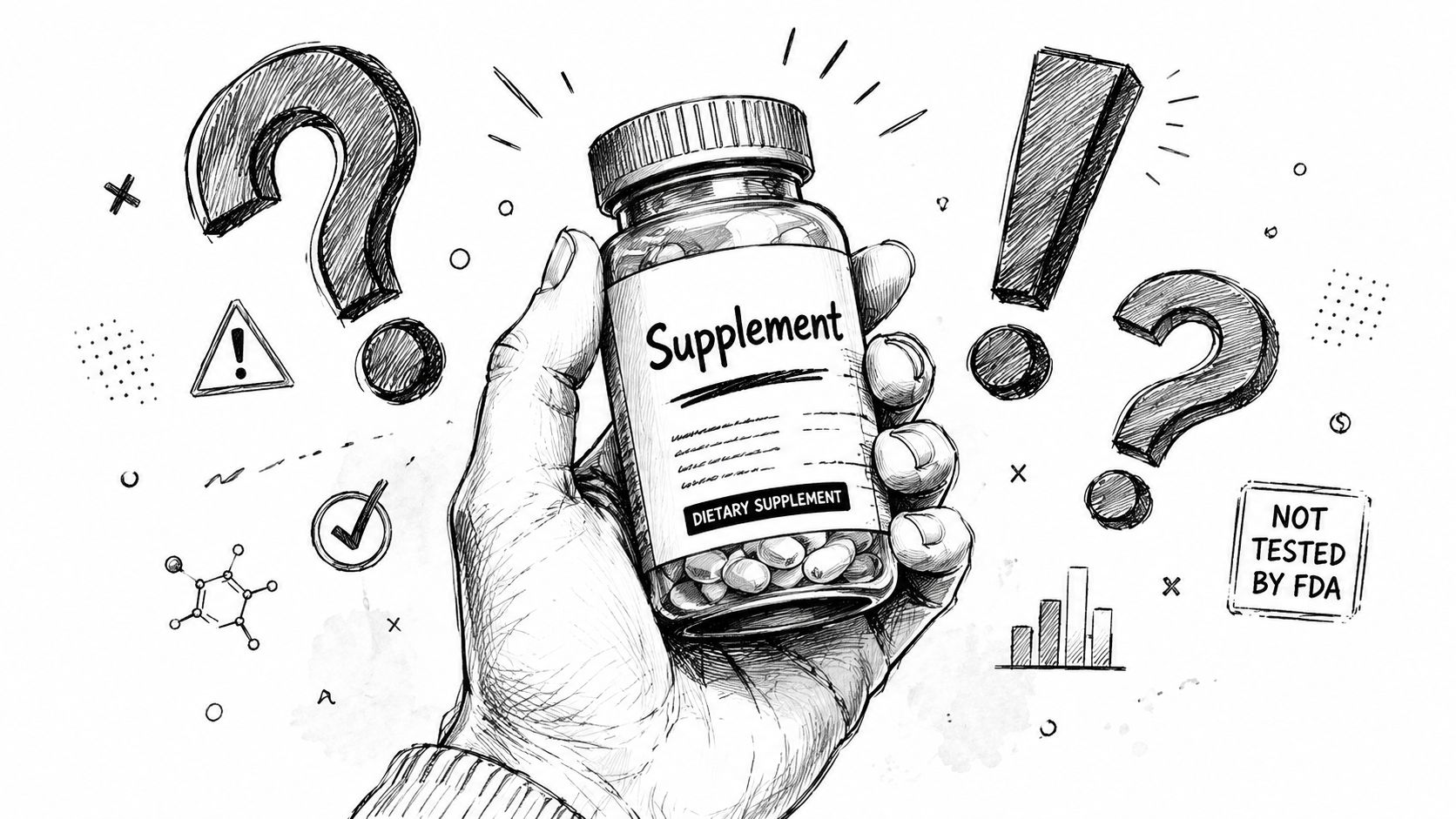 A hand holding a bottle labeled Supplement with warning symbols and a not tested by FDA label.