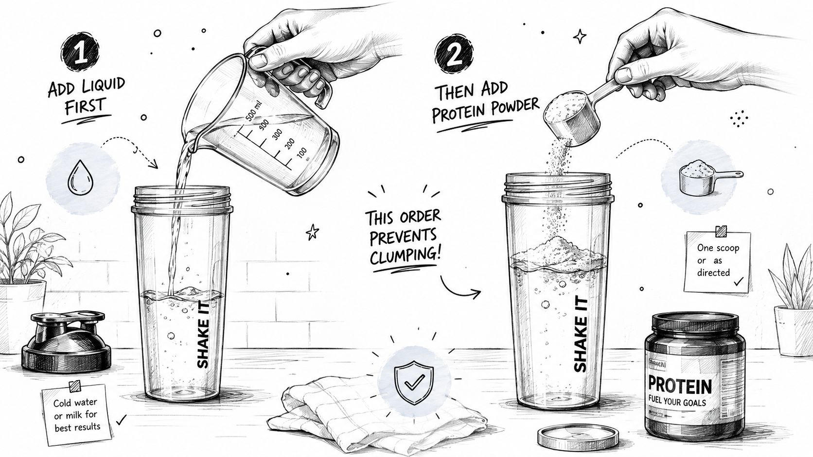 A hand-drawn illustration showing the correct two-step process for mixing protein powder without causing any clumping.