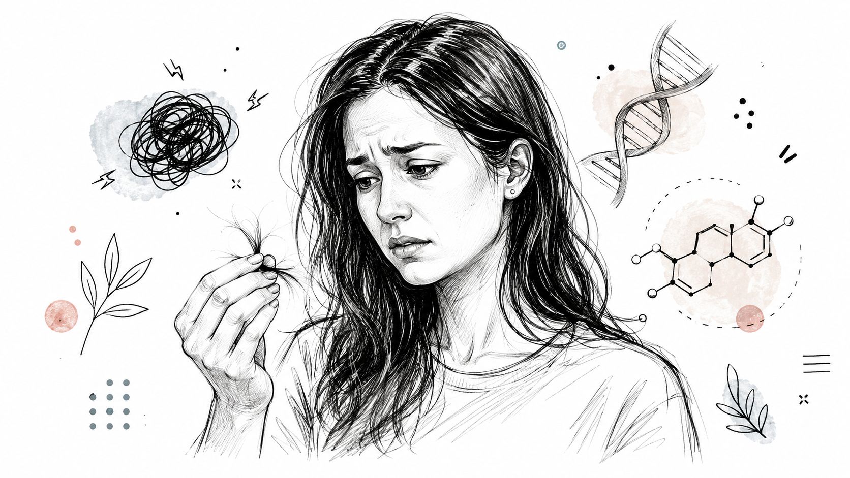 A sketched illustration of a distressed woman holding a strand of hair representing hair loss and stress.