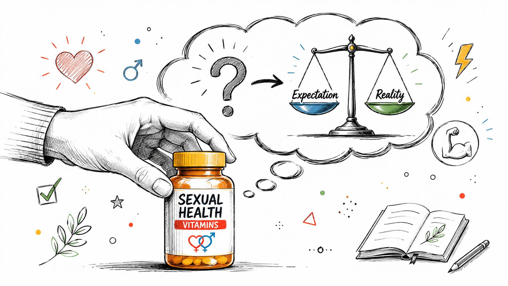 A conceptual illustration of a hand holding sexual health vitamins, weighing expectations against reality in a thought bubble.