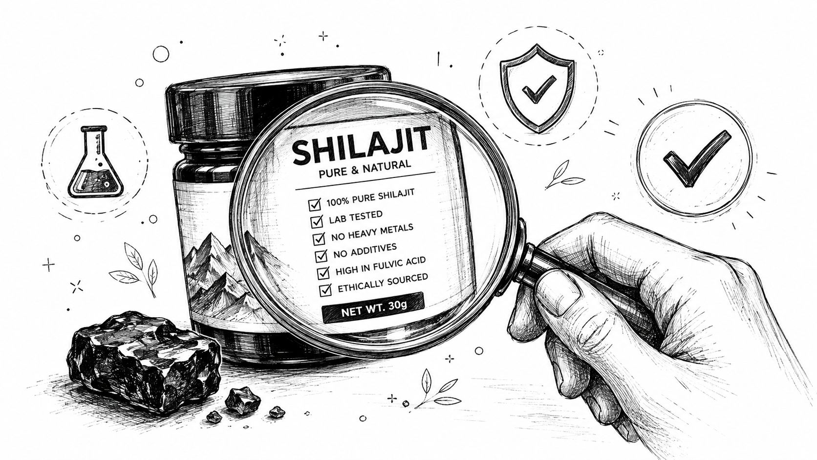 A hand holding a magnifying glass over a container of pure and natural shilajit resin supplement.