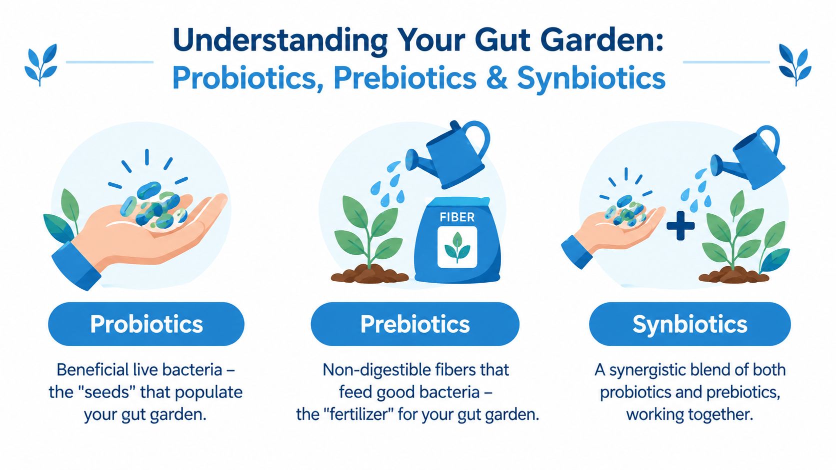 An infographic explaining the difference between probiotics, prebiotics, and synbiotics using plant and seed metaphors.