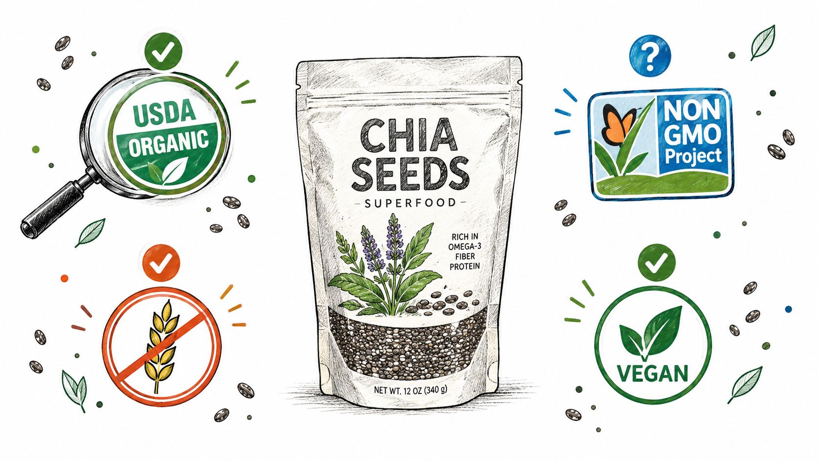 A bag of chia seeds surrounded by organic, non-GMO, gluten-free, and vegan certification labels illustration.