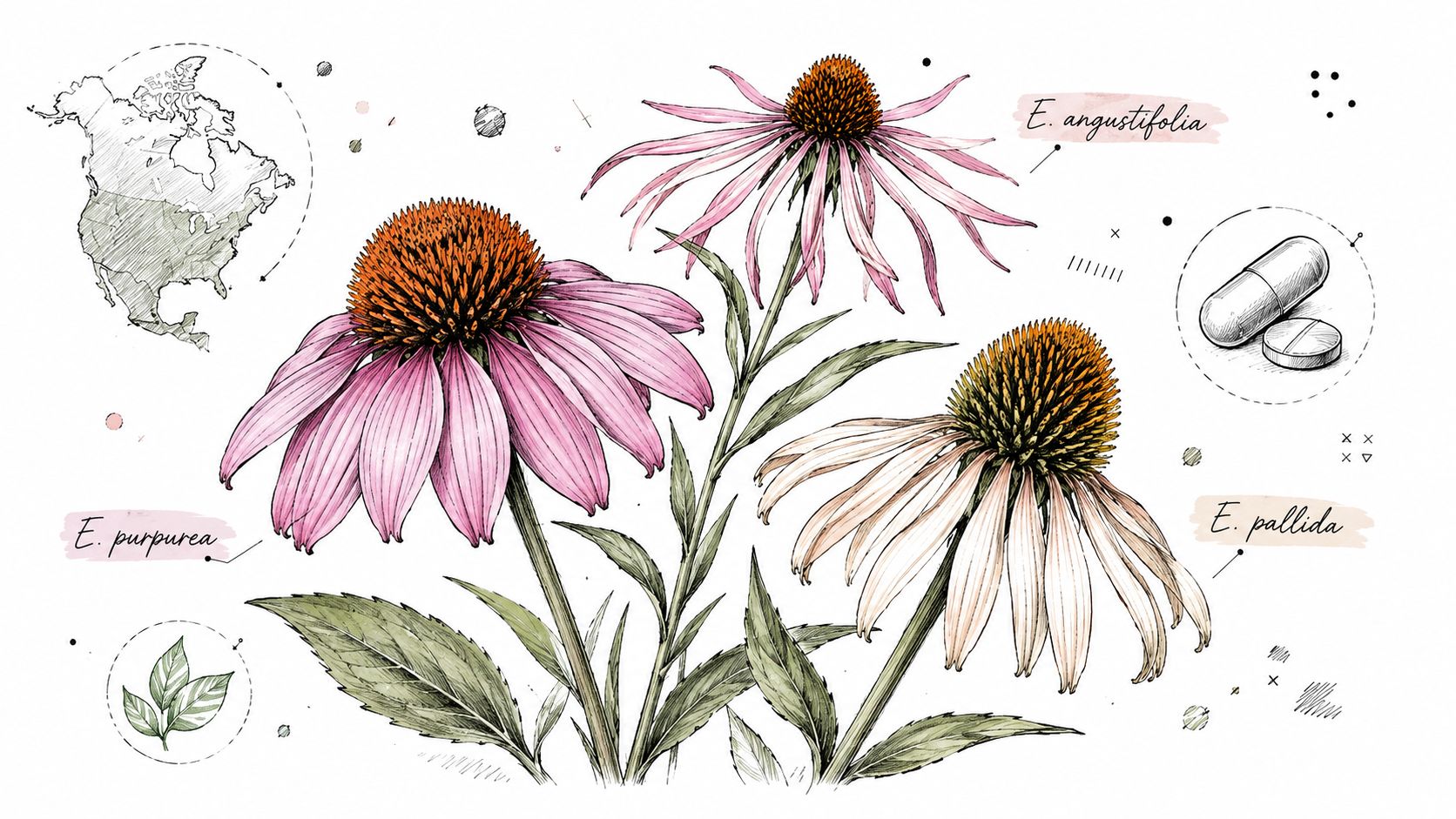 A botanical illustration featuring three Echinacea flower species, a map of North America, and medicinal capsules.