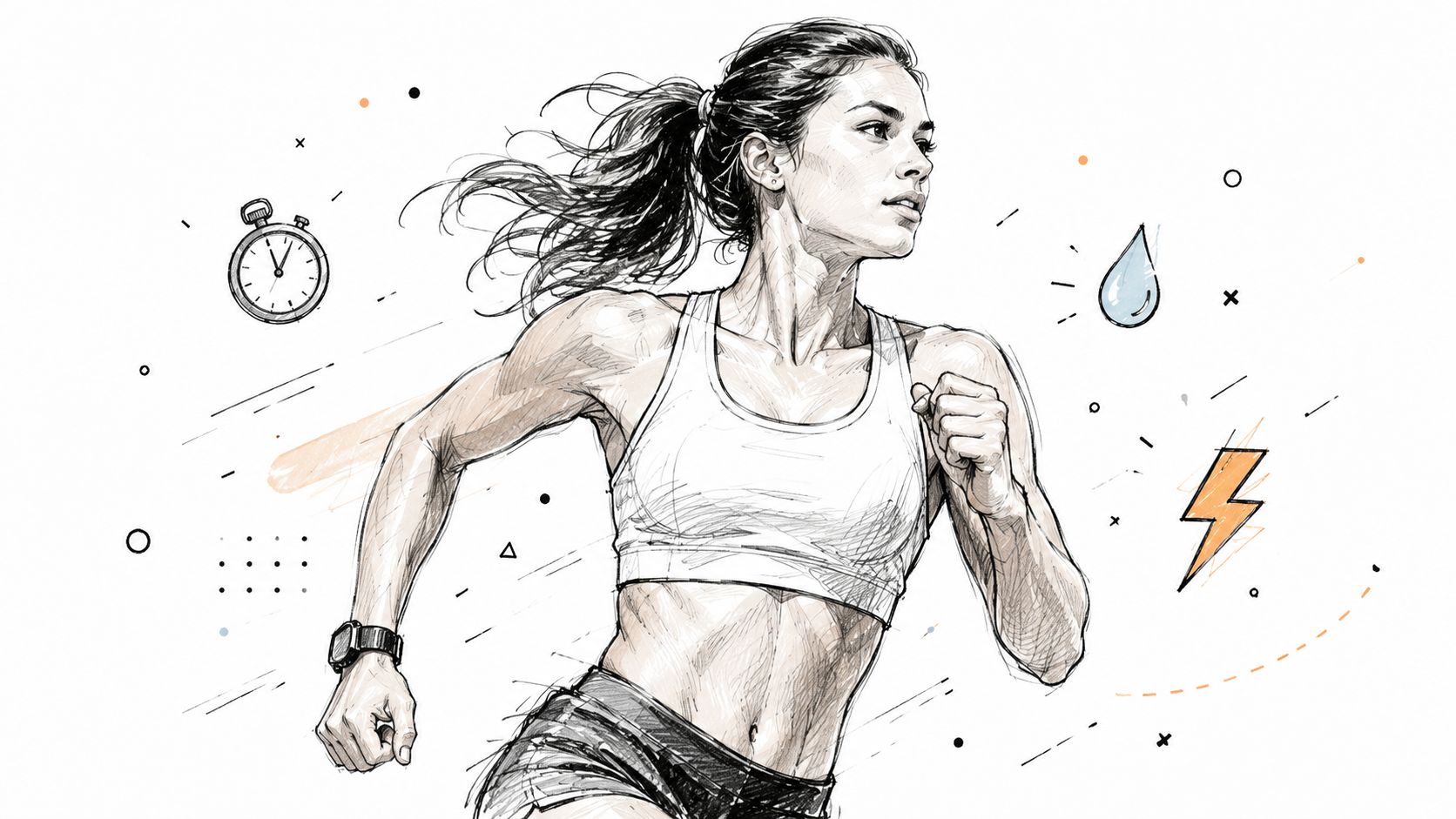 A sketched illustration of a fit woman running with icons representing timing, hydration, and energy levels.
