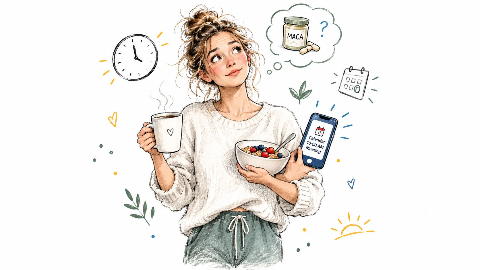 A woman eating breakfast while contemplating her morning schedule and a jar of maca root supplement.