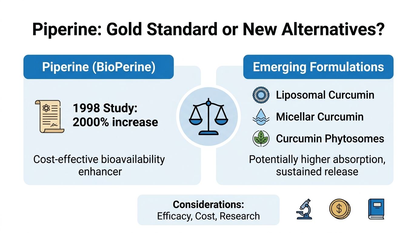 A comparison chart showing the differences between piperine and emerging curcumin delivery formulations like liposomes and phytosomes.