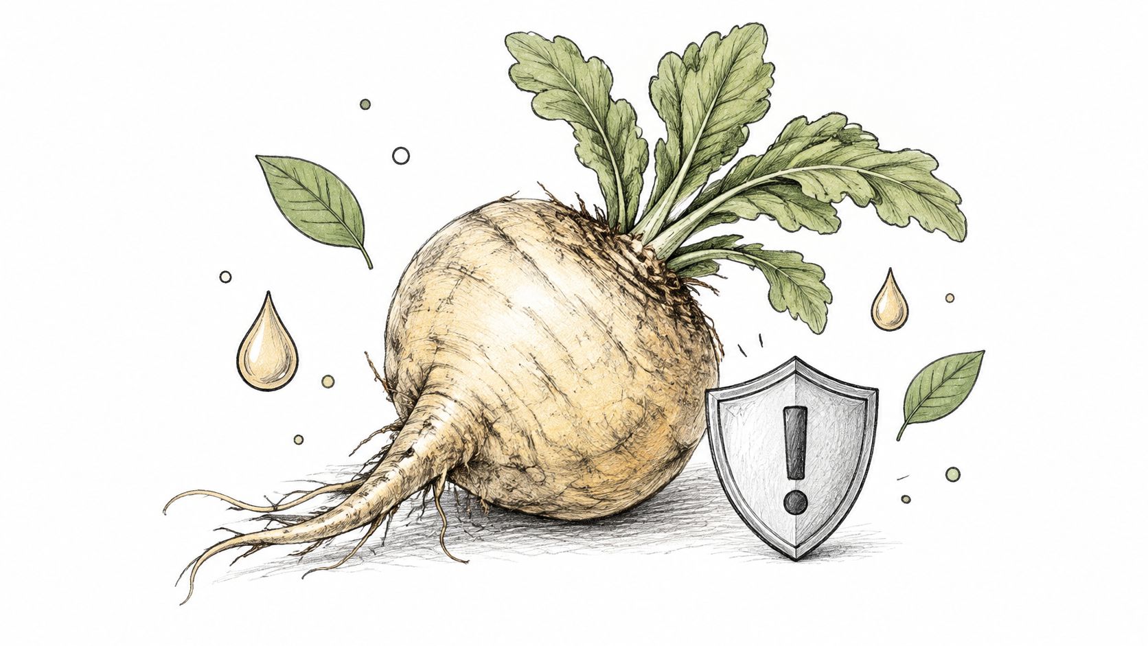 A botanical illustration of a maca root paired with a shield icon featuring an exclamation point.