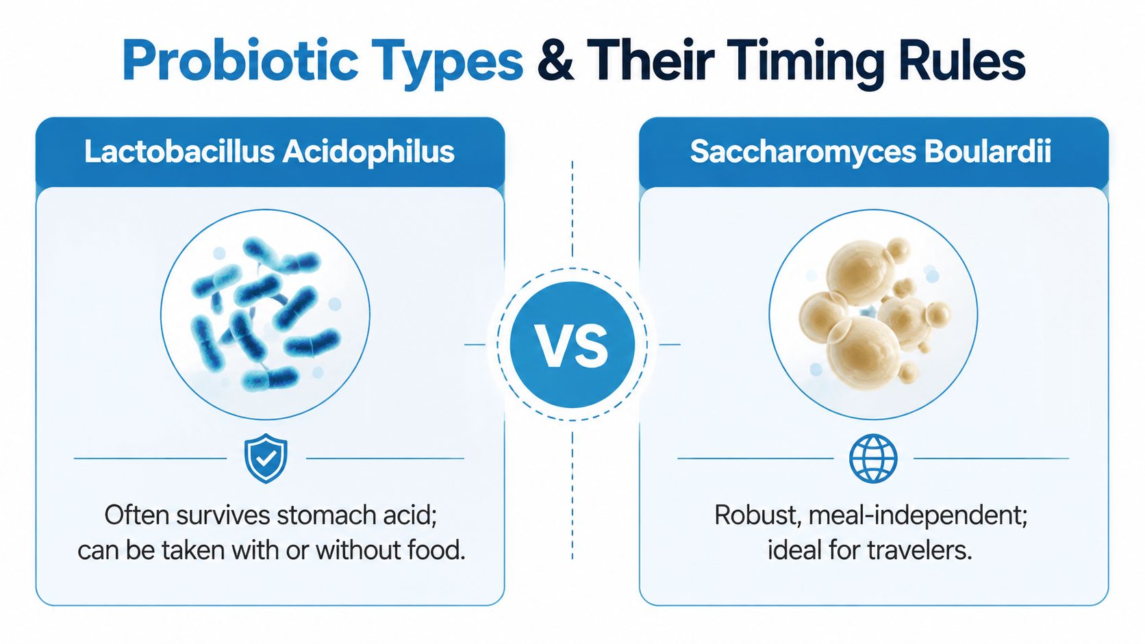 A comparison chart showing timing rules for taking Lactobacillus Acidophilus and Saccharomyces Boulardii probiotic supplements.