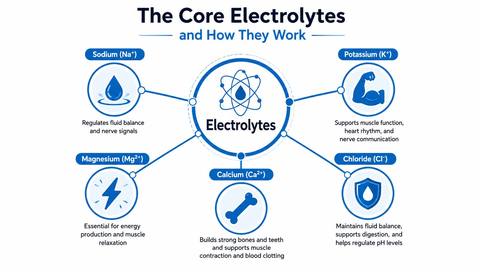 A diagram illustrating the core electrolytes, including sodium, potassium, magnesium, calcium, and chloride, and their bodily functions.