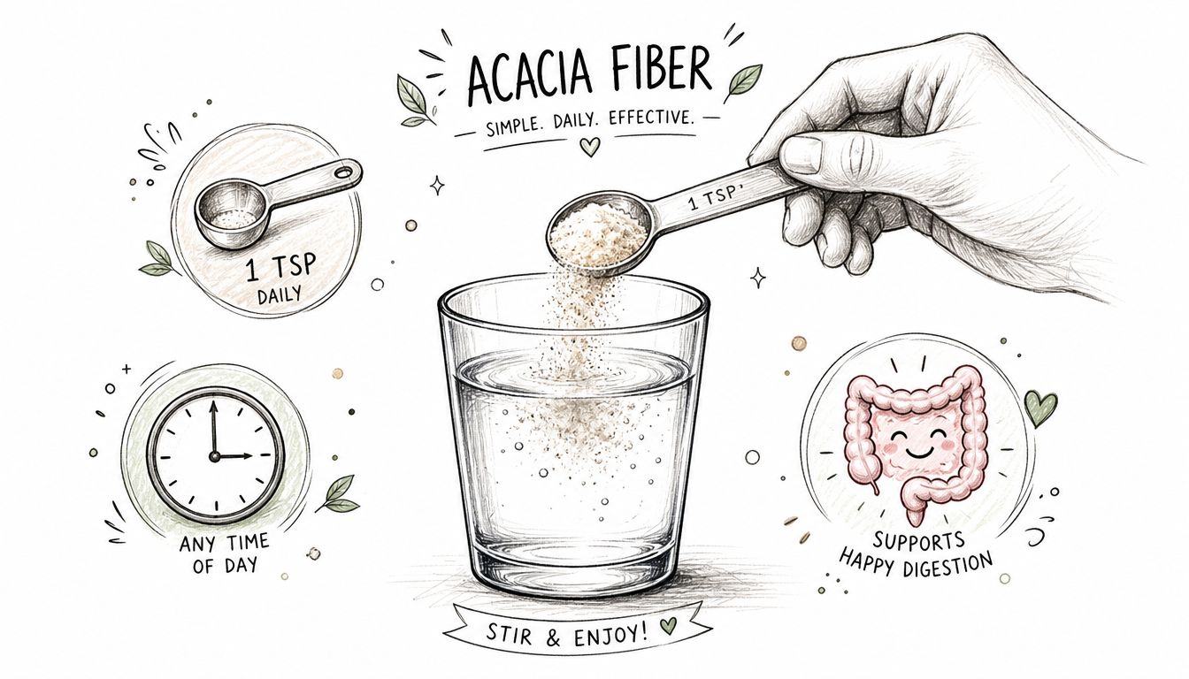 A hand pouring one teaspoon of acacia fiber supplement into a glass of water for digestive health.