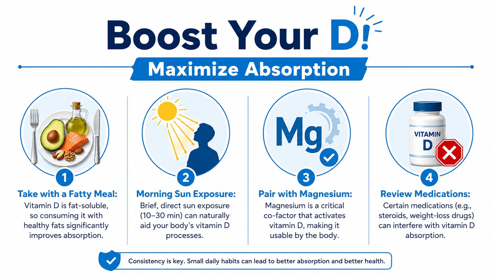 An infographic showing four key ways to maximize vitamin D absorption through diet, sunlight, magnesium, and medication review.
