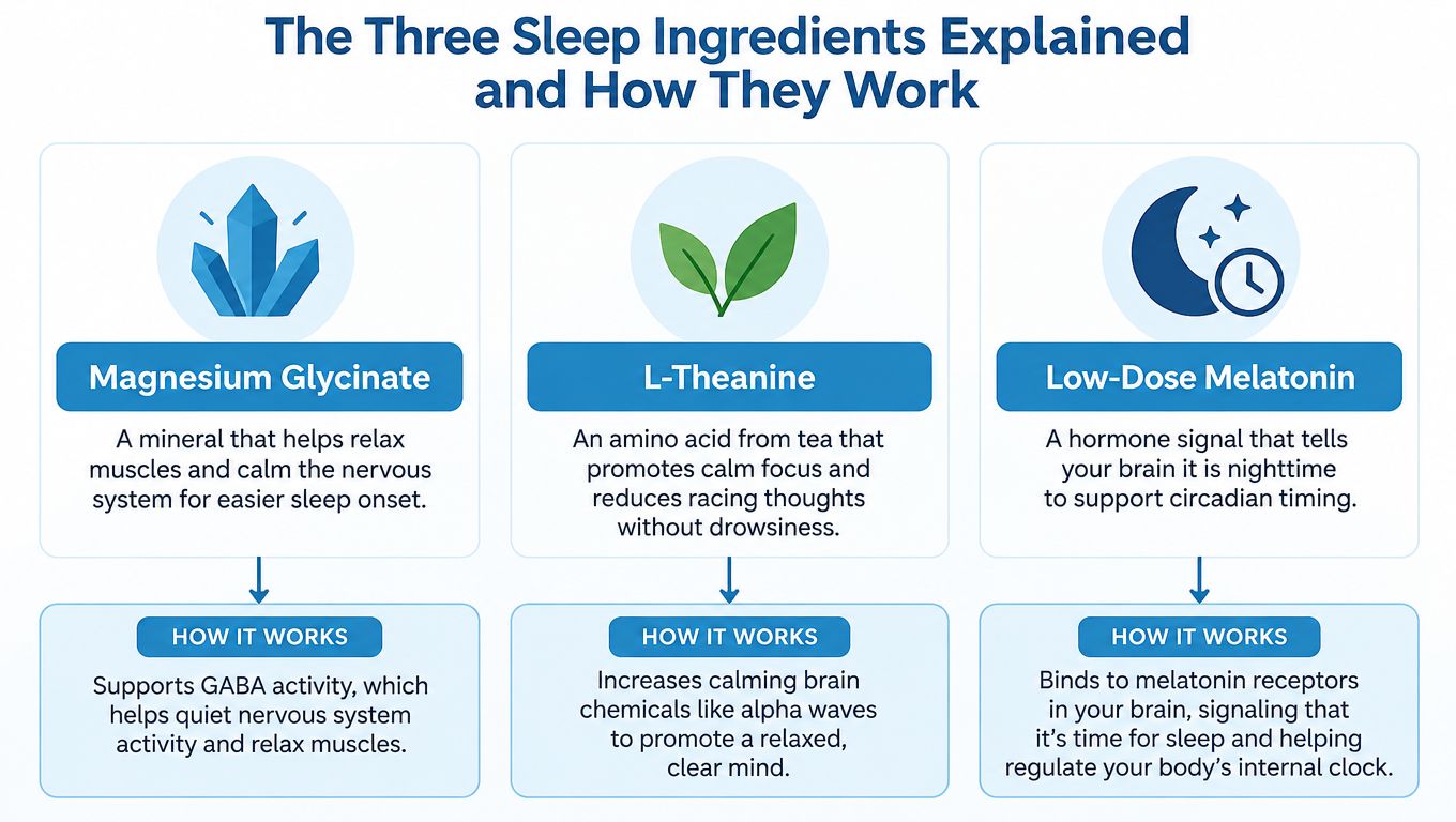 An infographic detailing the benefits and mechanisms of magnesium glycinate, L-theanine, and low-dose melatonin for better sleep.