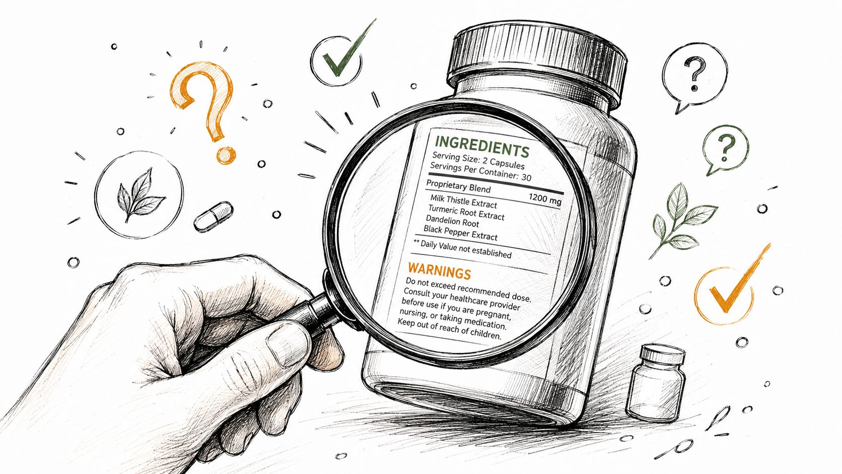 A hand using a magnifying glass to examine the label of a bottle of herbal supplements.