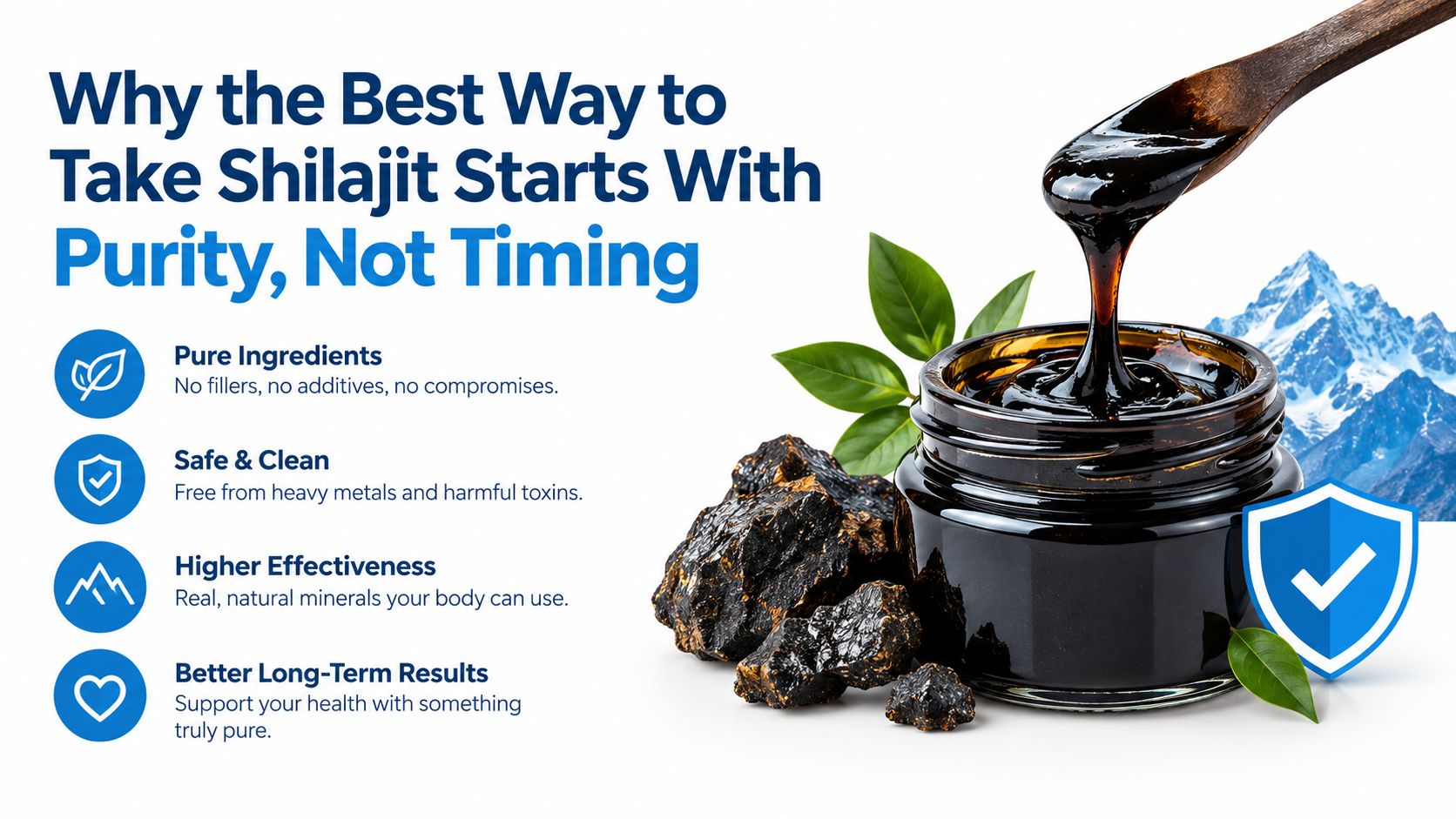 A glass jar of shilajit resin with a wooden spoon, raw shilajit chunks, and a blue shield icon.