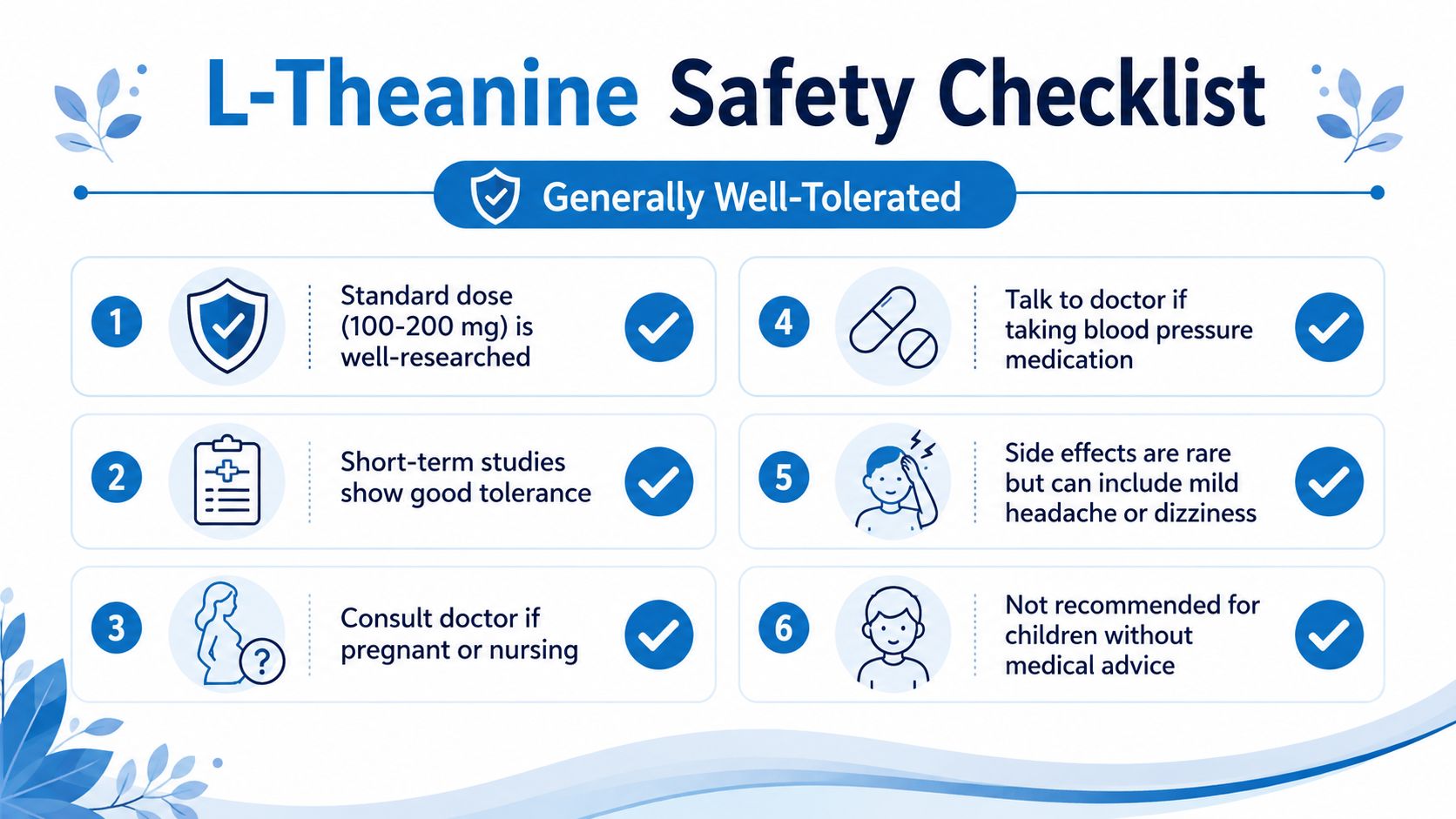 An infographic titled L-Theanine Safety Checklist listing six important safety points for supplement consumption and usage.
