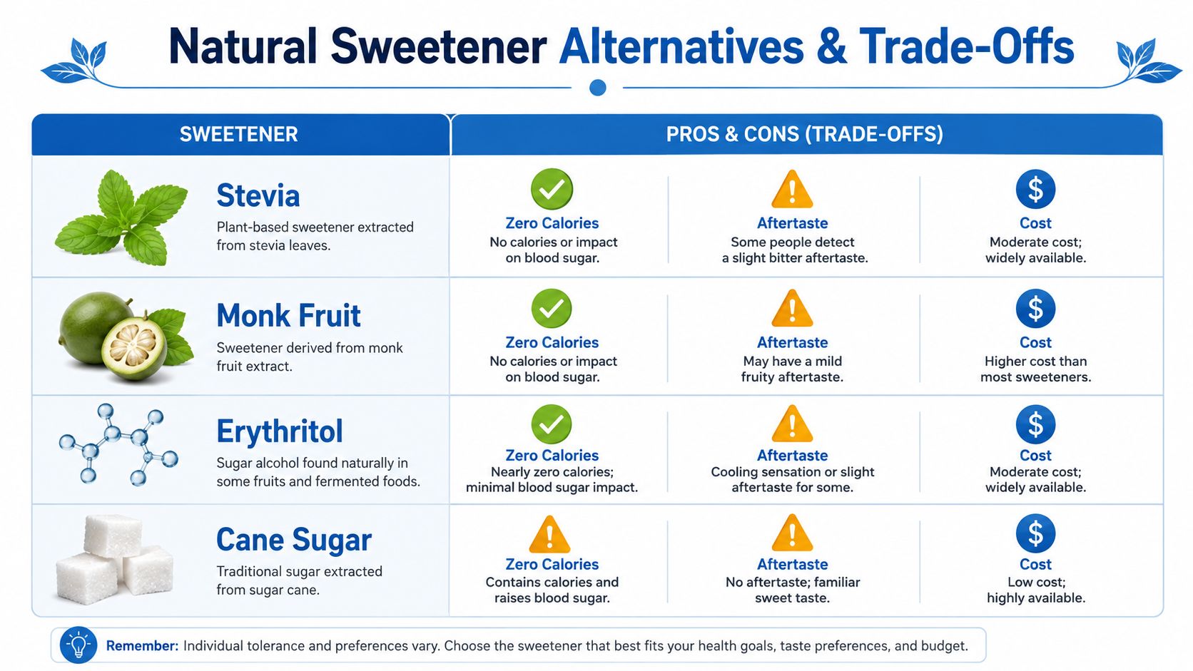 A comparison chart showing pros and cons of natural sweeteners like Stevia, Monk Fruit, Erythritol, and Cane Sugar.