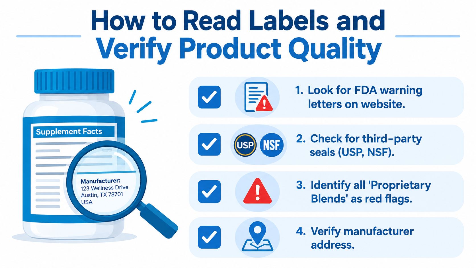 An infographic showing four steps to evaluate dietary supplement label safety and manufacturer quality assurance.