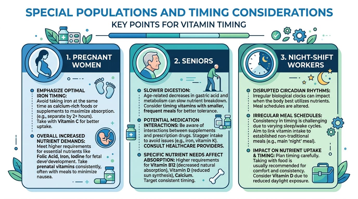 An infographic detailing vitamin timing considerations for pregnant women, seniors, and night-shift workers for better health.
