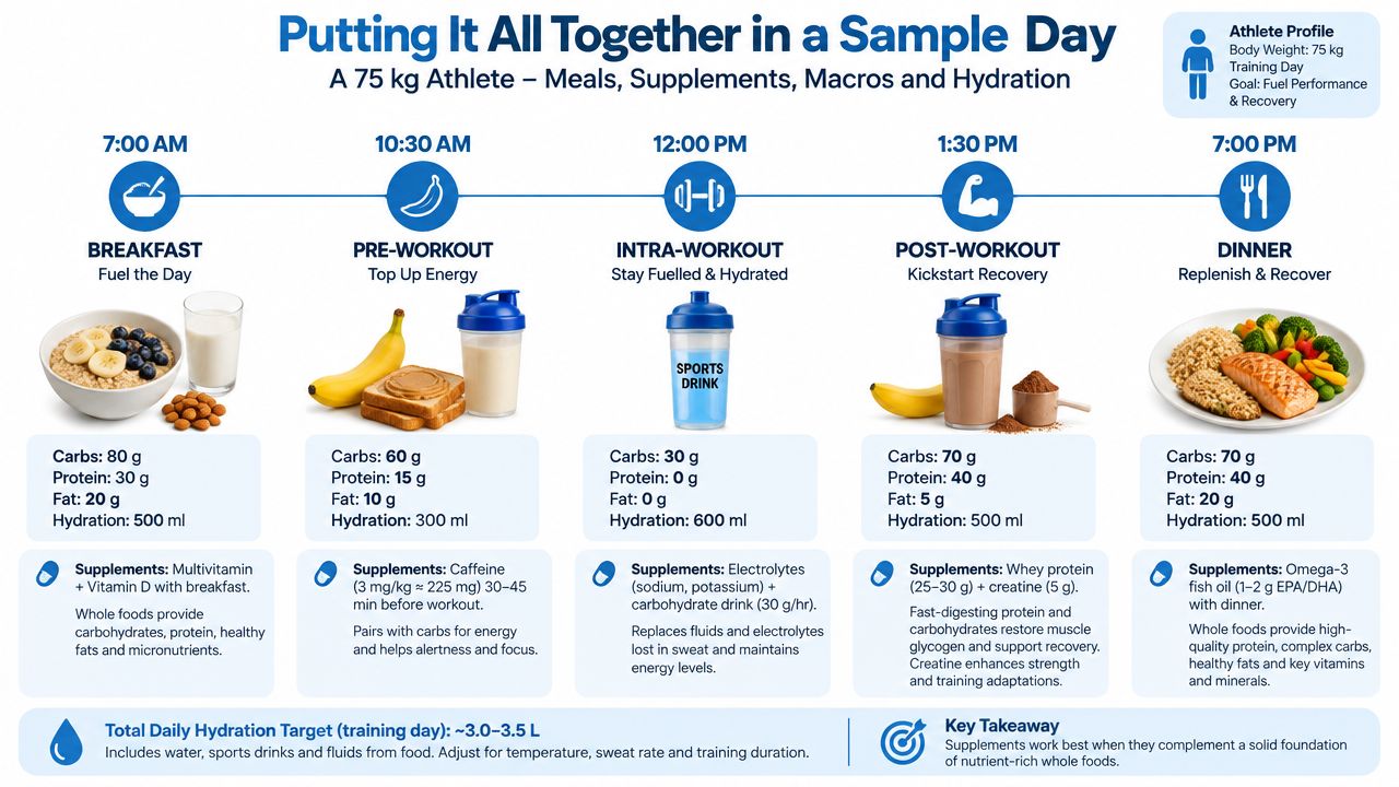 An infographic detailing a sample nutrition and supplement schedule for a 75 kg athlete on a training day.