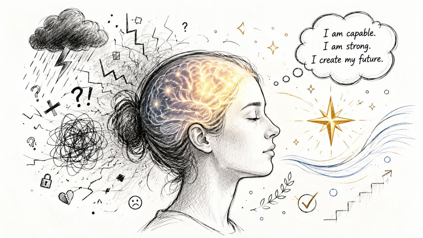A pencil sketch of a woman's profile reflecting a transition from chaotic negative thoughts to positive mindset.