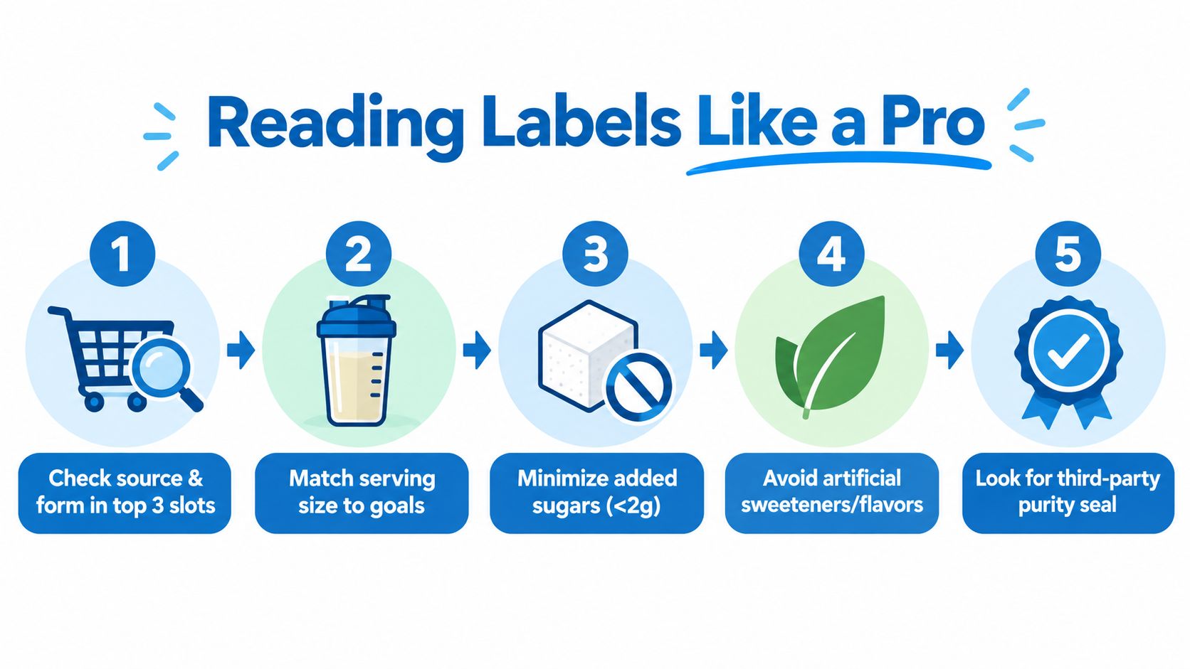 An infographic titled Reading Labels Like a Pro illustrating five steps for choosing healthy dietary supplements.