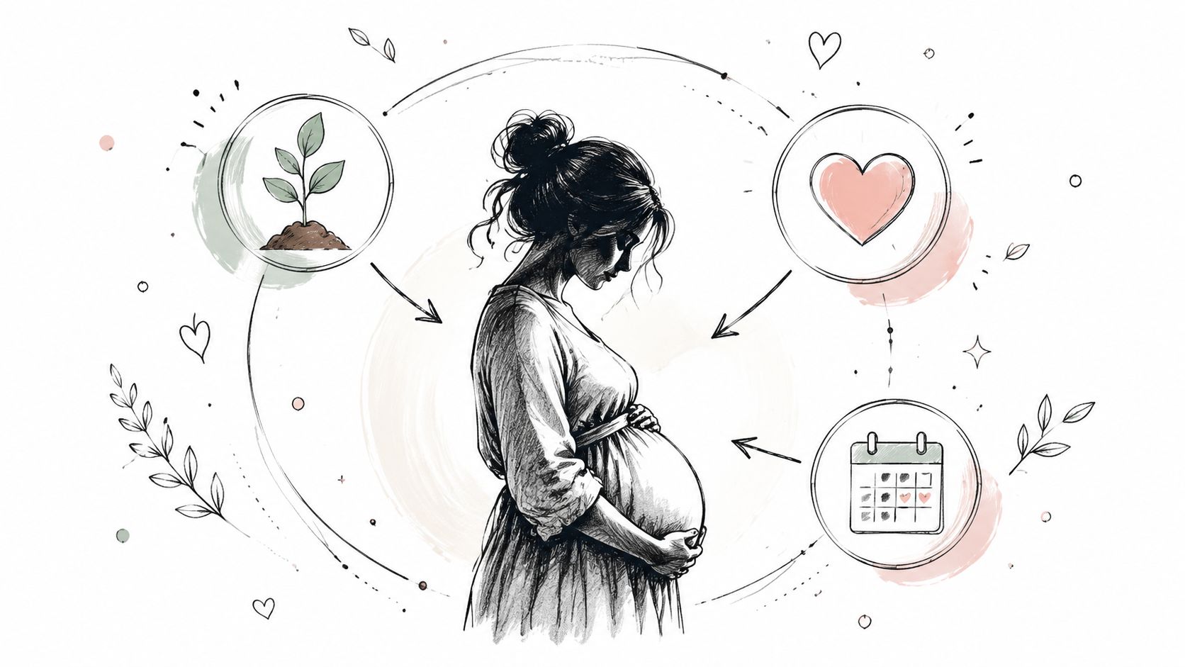 An artistic sketch of a pregnant woman surrounded by symbols of growth, love, and a calendar timeline.