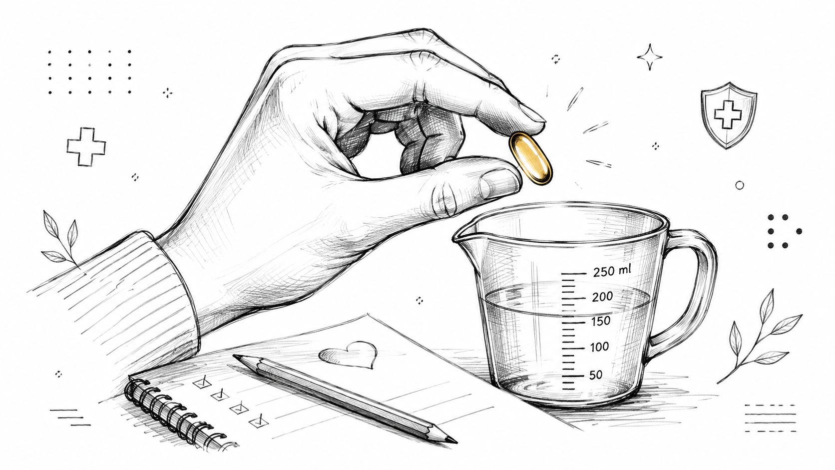 A hand holding a golden pill over a measuring cup filled with water for digestive health.