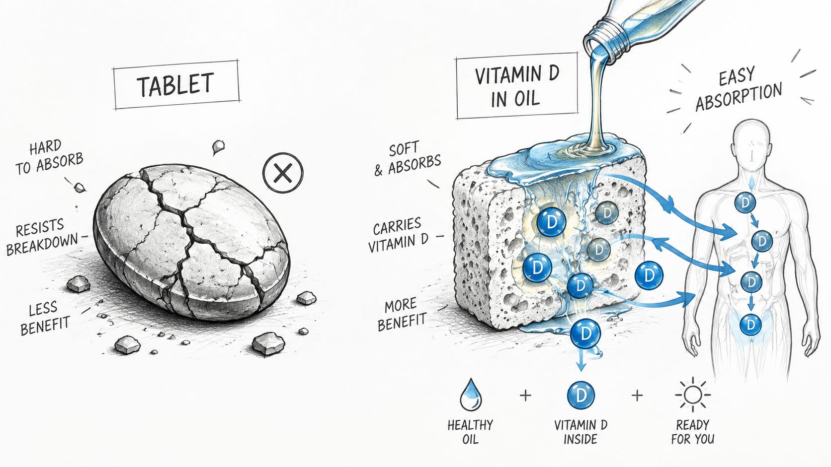 A comparative diagram illustrating how oil-based vitamin D is more easily absorbed by the body than tablets.