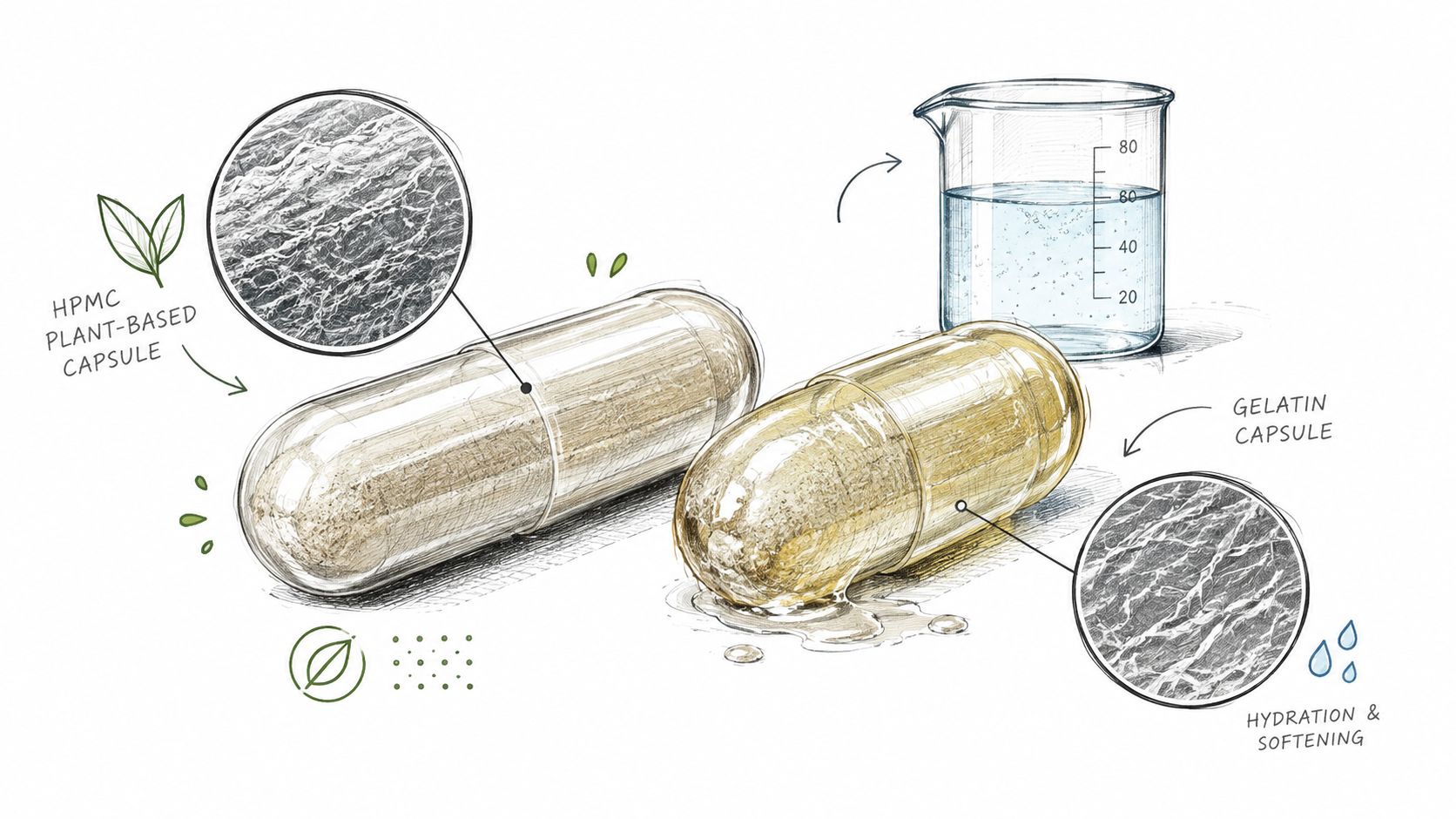 A diagram comparing an HPMC plant-based capsule with a gelatin capsule reacting to water in a beaker.