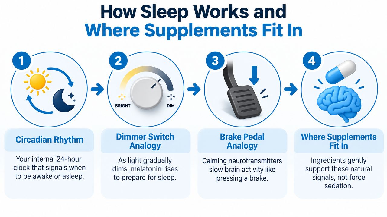 A four-step infographic illustrating how the circadian rhythm and brain activity function together to regulate sleep cycles.