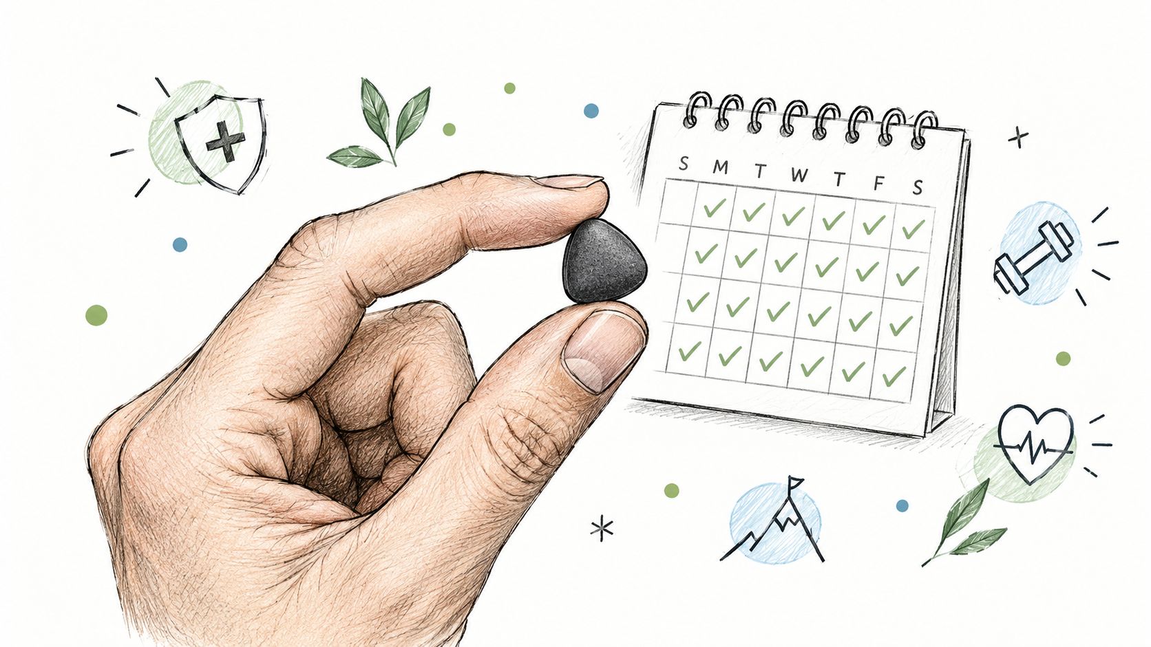 A hand holding an iron gummy tablet with a daily checkmark calendar and health icons nearby.