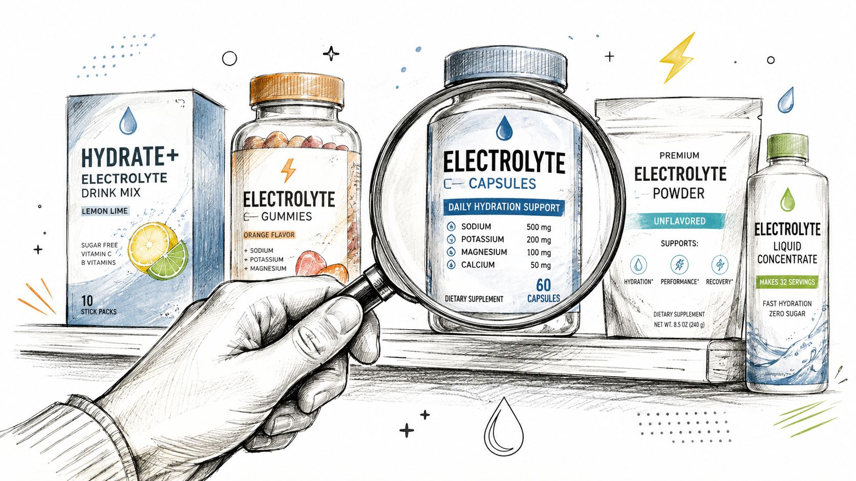 A hand holding a magnifying glass over a bottle of electrolyte capsules on a store shelf.