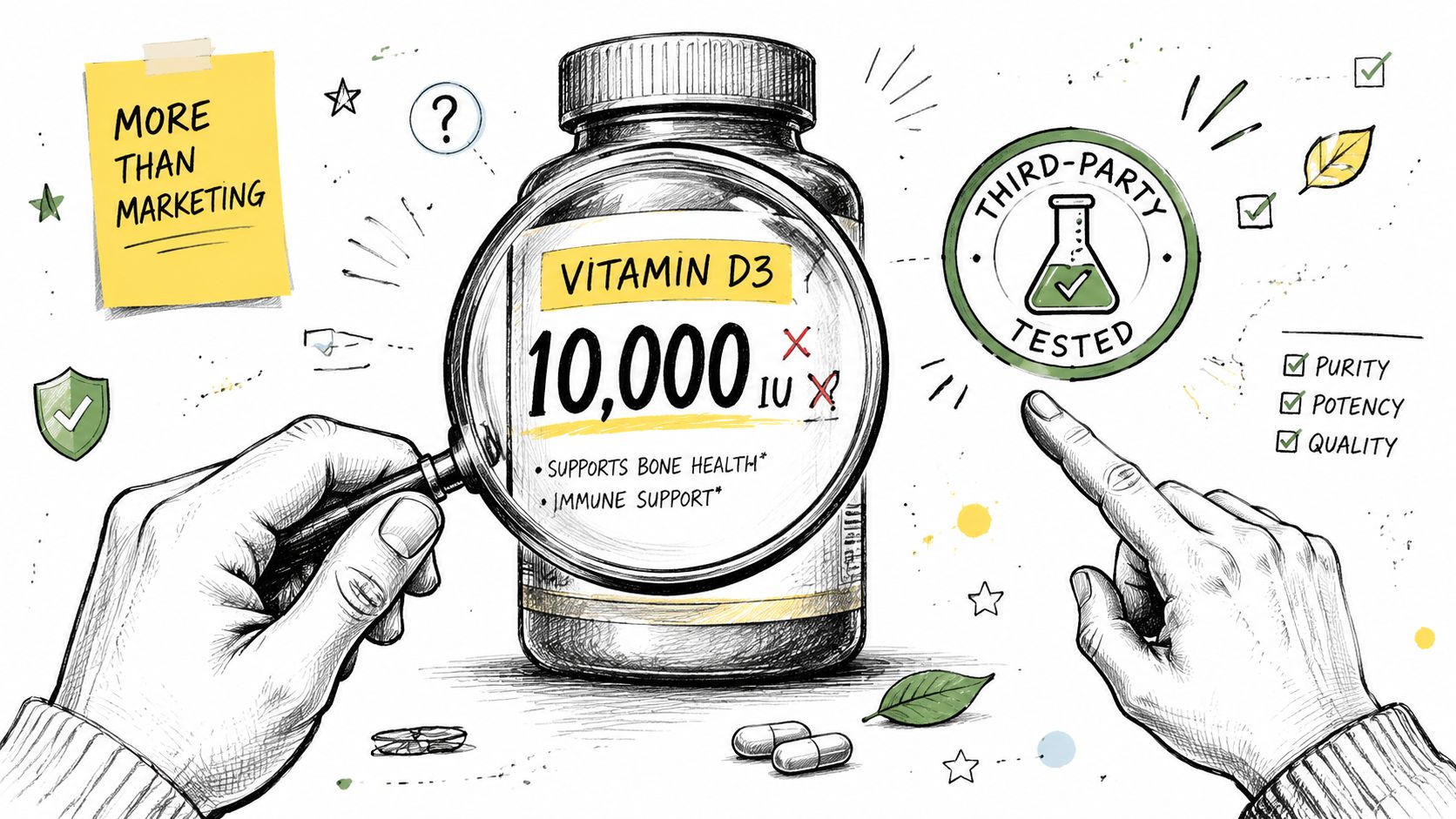 A hand holding a magnifying glass over a vitamin D3 supplement bottle, pointing toward third-party testing certification.